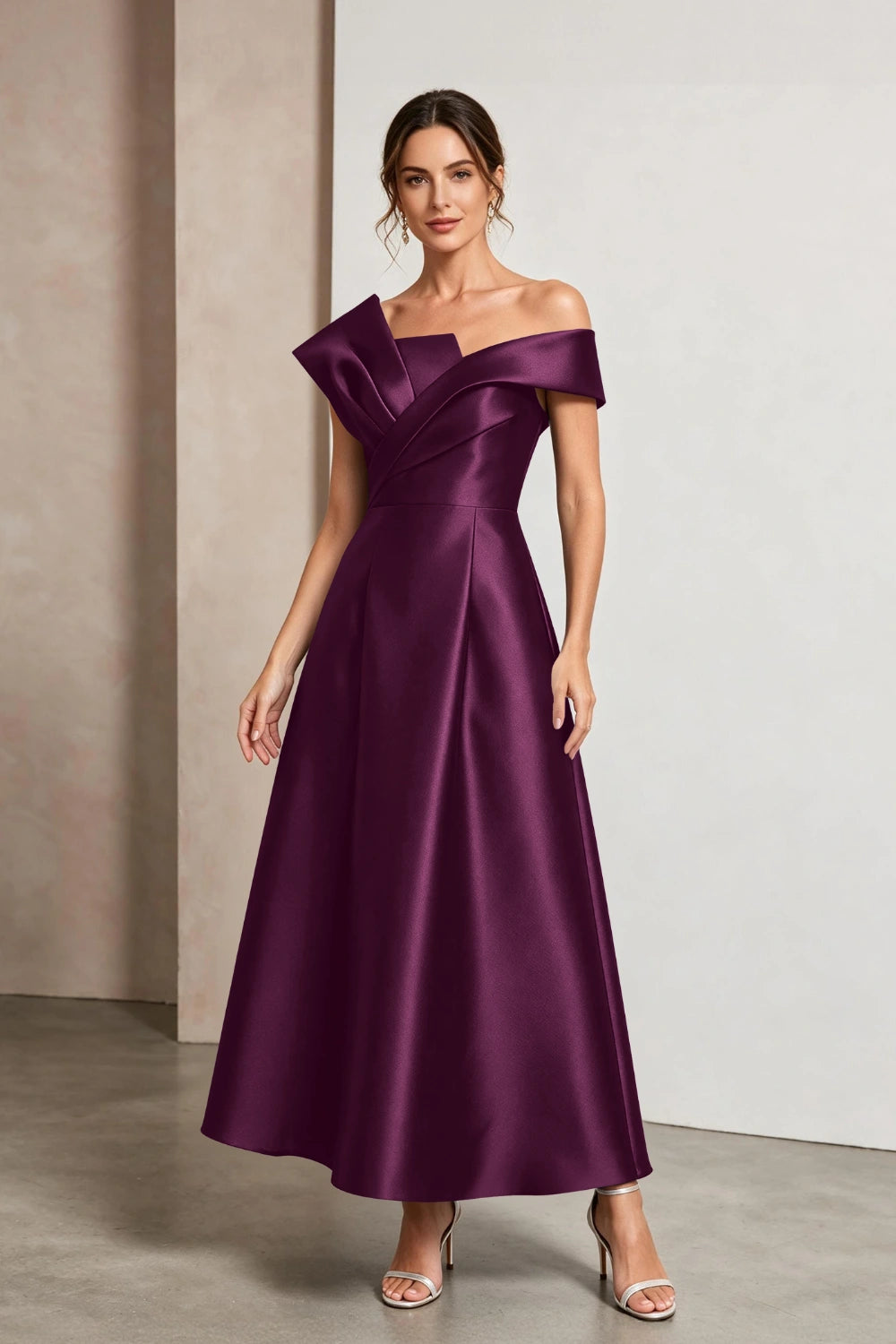 Sculptural Off-Shoulder Satin Midi A-Line Mother of the Bride Dress