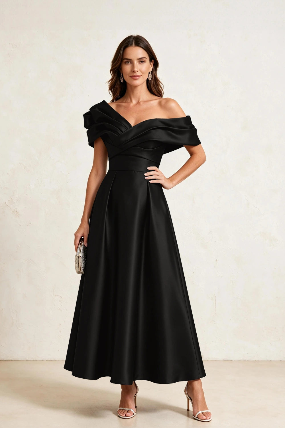 Ruffled Asymmetric Satin Midi A-Line Mother of the Bride Dress