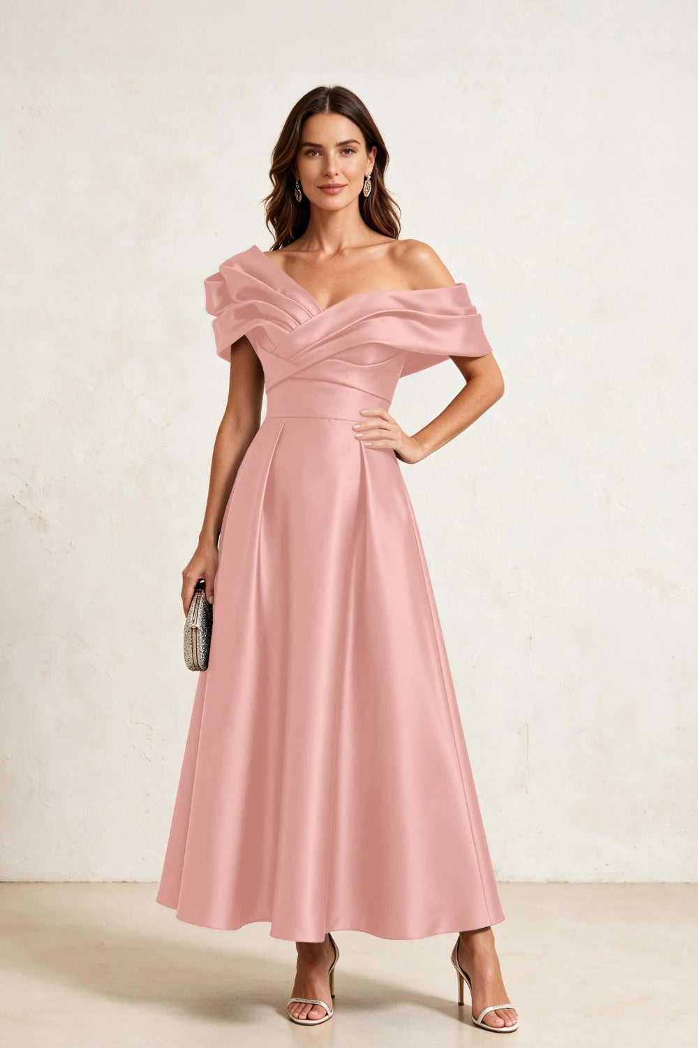 Ruffled Asymmetric Satin Midi A-Line Mother of the Bride Dress