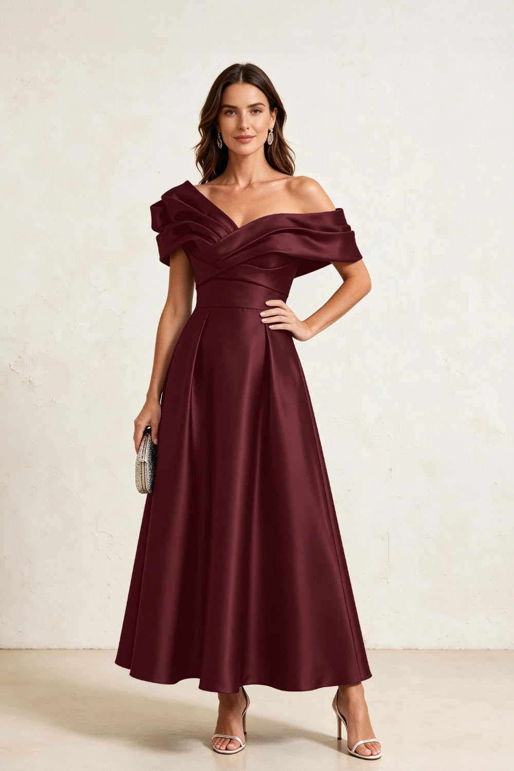 Ruffled Asymmetric Satin Midi A-Line Mother of the Bride Dress