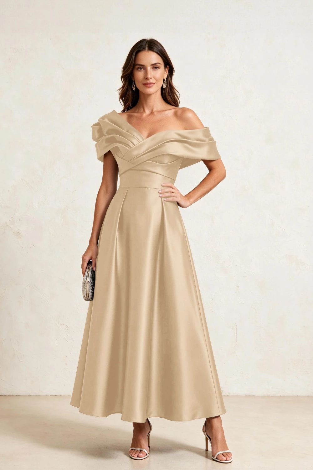 Ruffled Asymmetric Satin Midi A-Line Mother of the Bride Dress