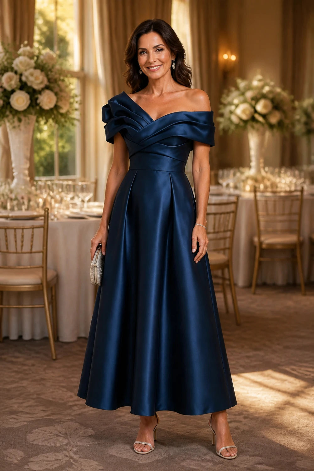 Ruffled Asymmetric Satin Midi A-Line Mother of the Bride Dress