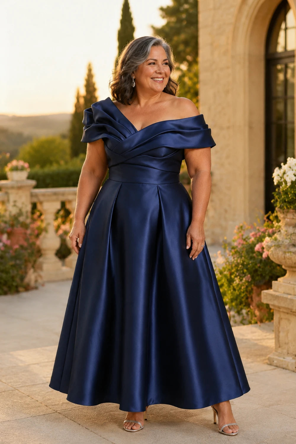 Ruffled Asymmetric Satin Midi A-Line Mother of the Bride Dress