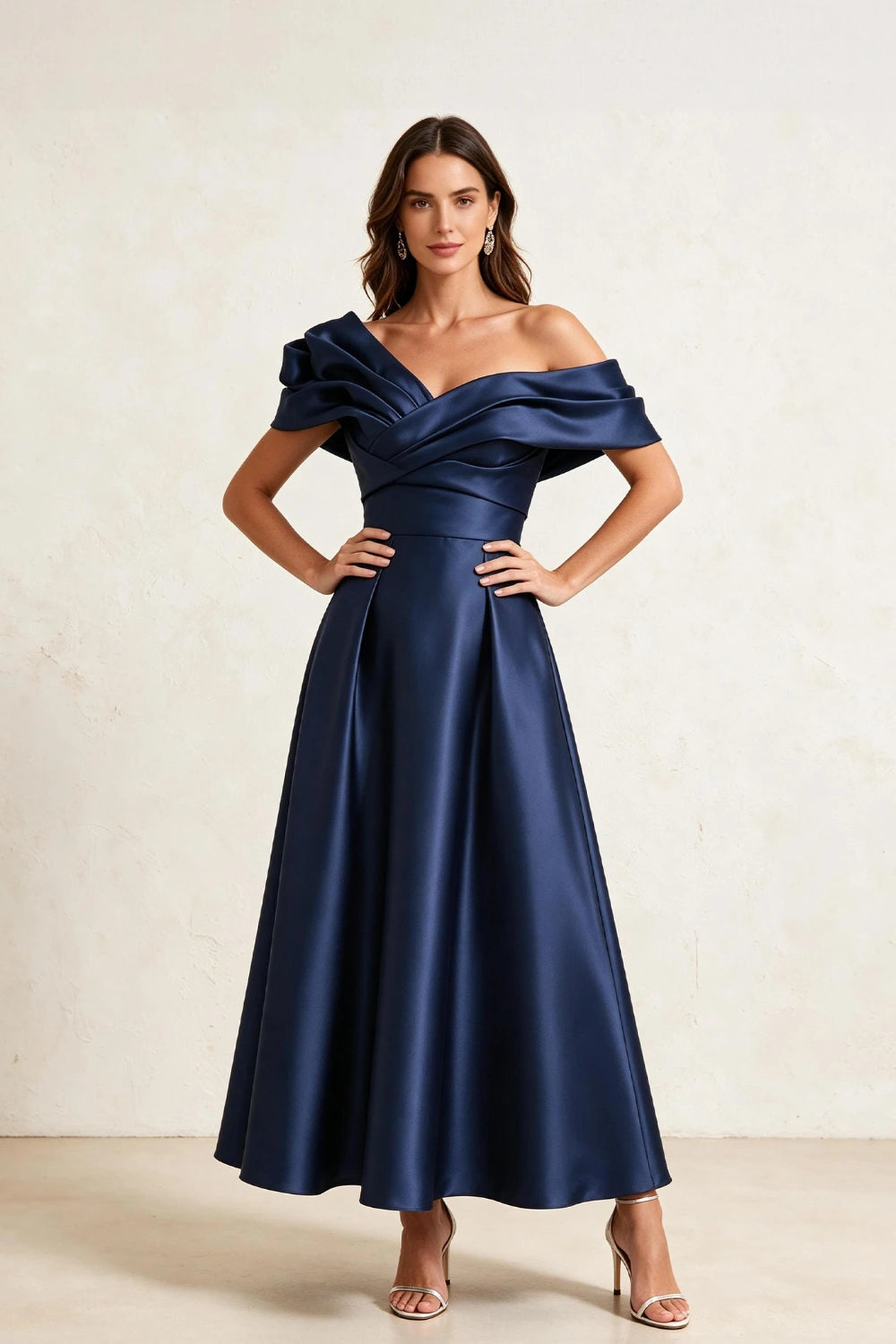 Ruffled Asymmetric Satin Midi A-Line Mother of the Bride Dress