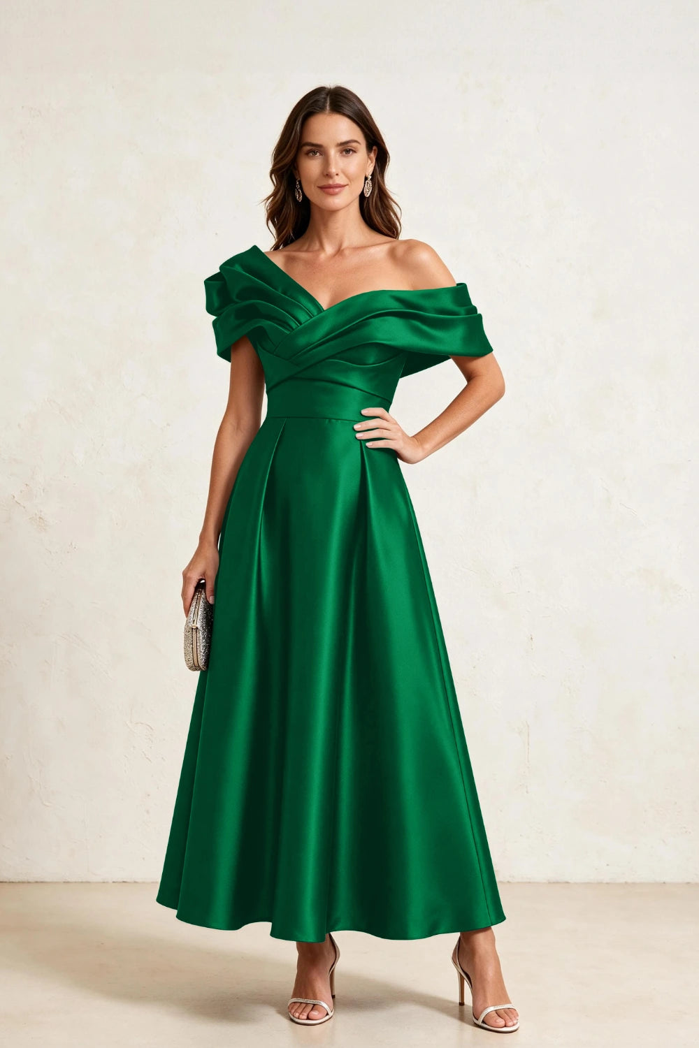 Ruffled Asymmetric Satin Midi A-Line Mother of the Bride Dress