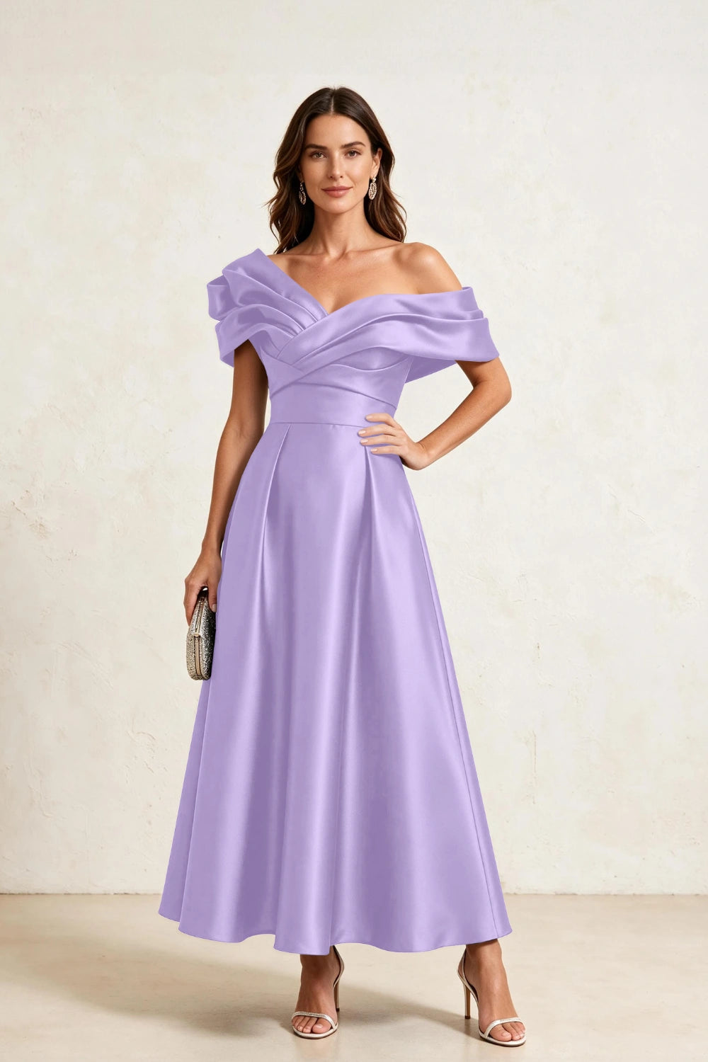 Ruffled Asymmetric Satin Midi A-Line Mother of the Bride Dress