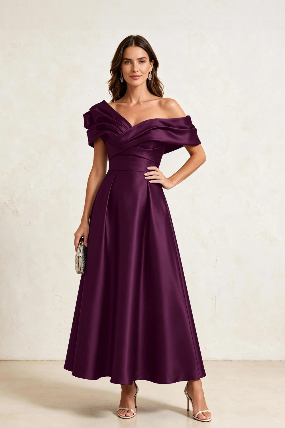 Ruffled Asymmetric Satin Midi A-Line Mother of the Bride Dress