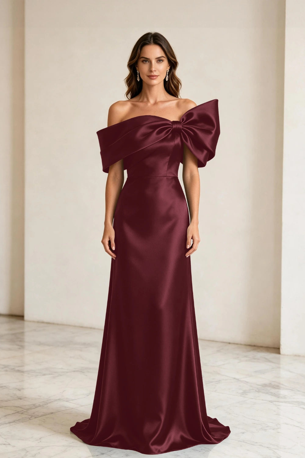 Emerald Bow Off-Shoulder Satin Column Mother of the Bride Gown