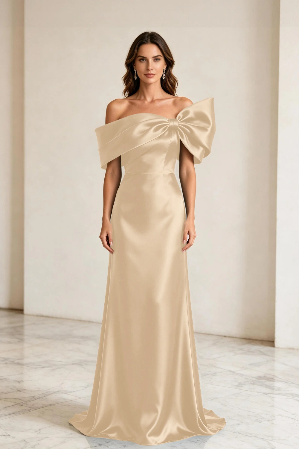 Emerald Bow Off-Shoulder Satin Column Mother of the Bride Gown