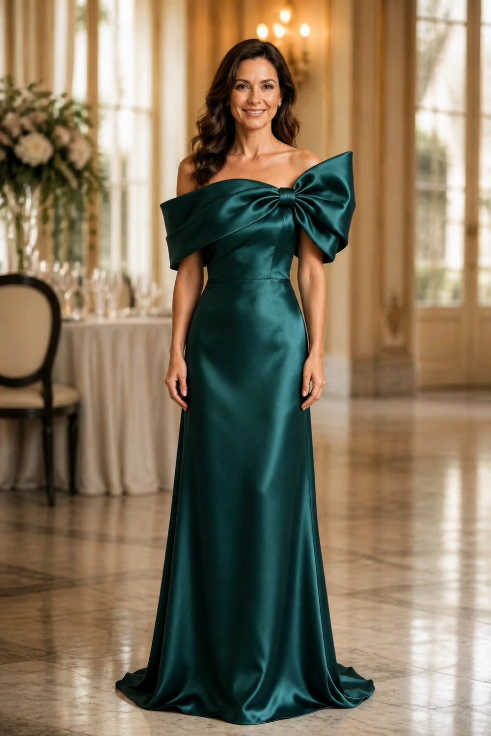 Emerald Bow Off-Shoulder Satin Column Mother of the Bride Gown