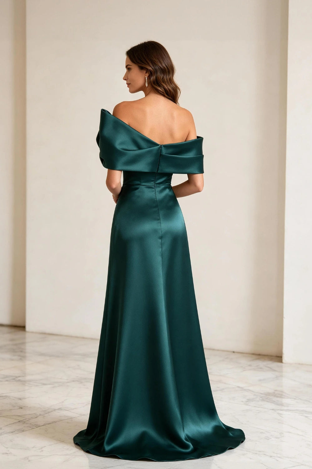 Emerald Bow Off-Shoulder Satin Column Mother of the Bride Gown