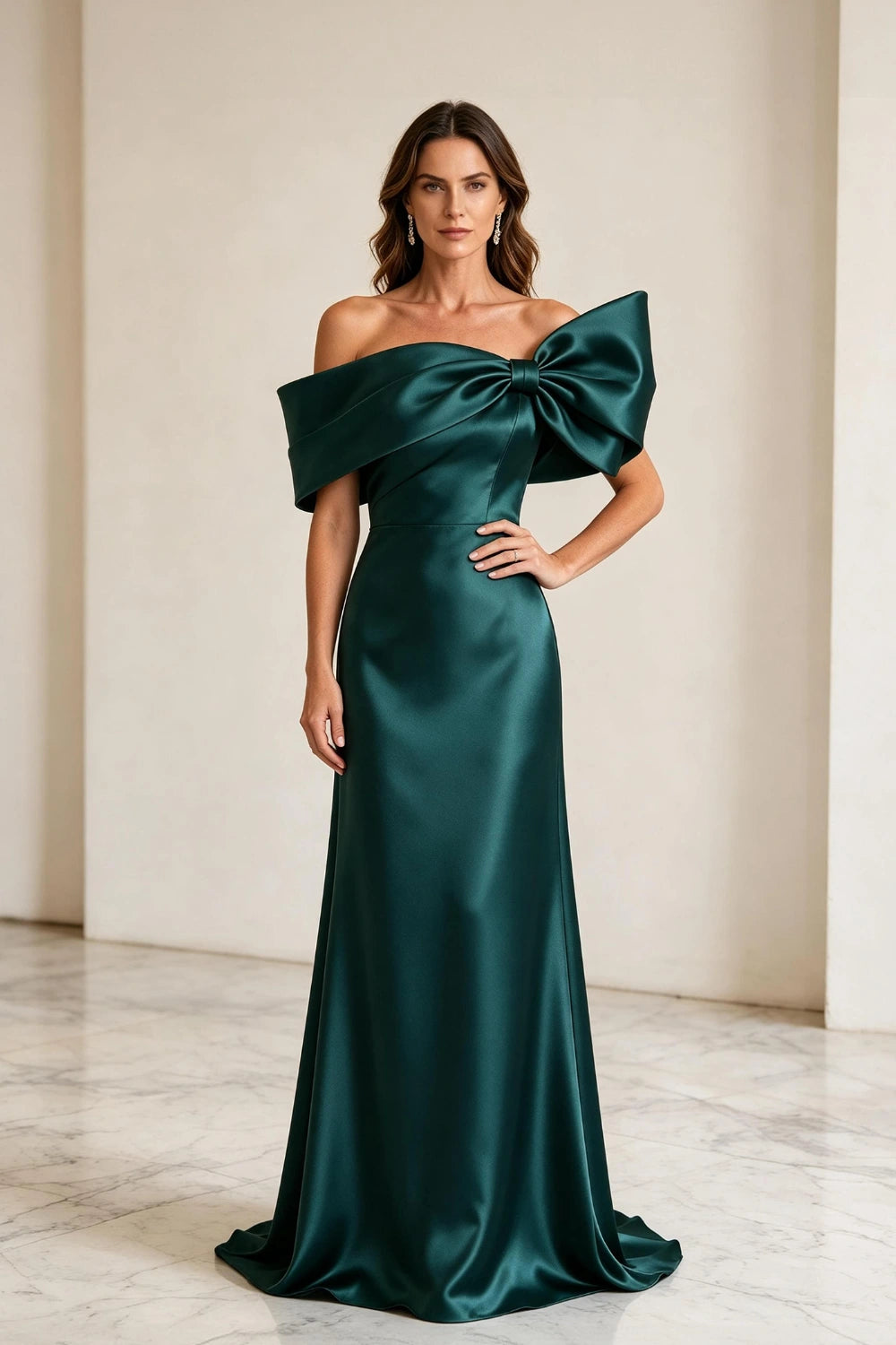 Emerald Bow Off-Shoulder Satin Column Mother of the Bride Gown