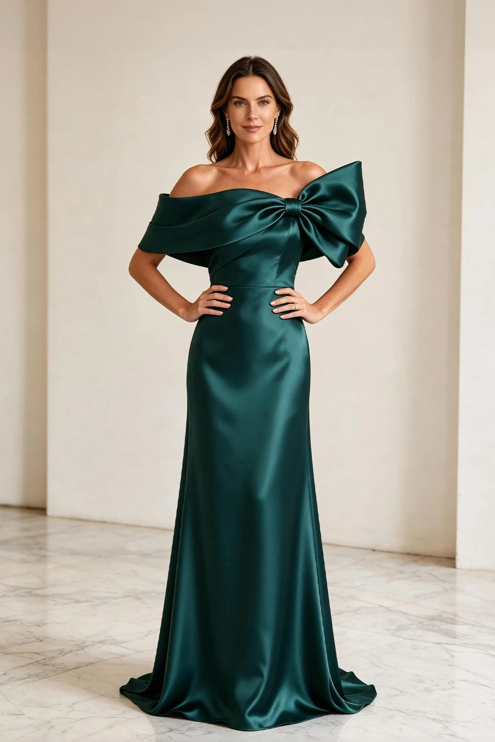 Emerald Bow Off-Shoulder Satin Column Mother of the Bride Gown