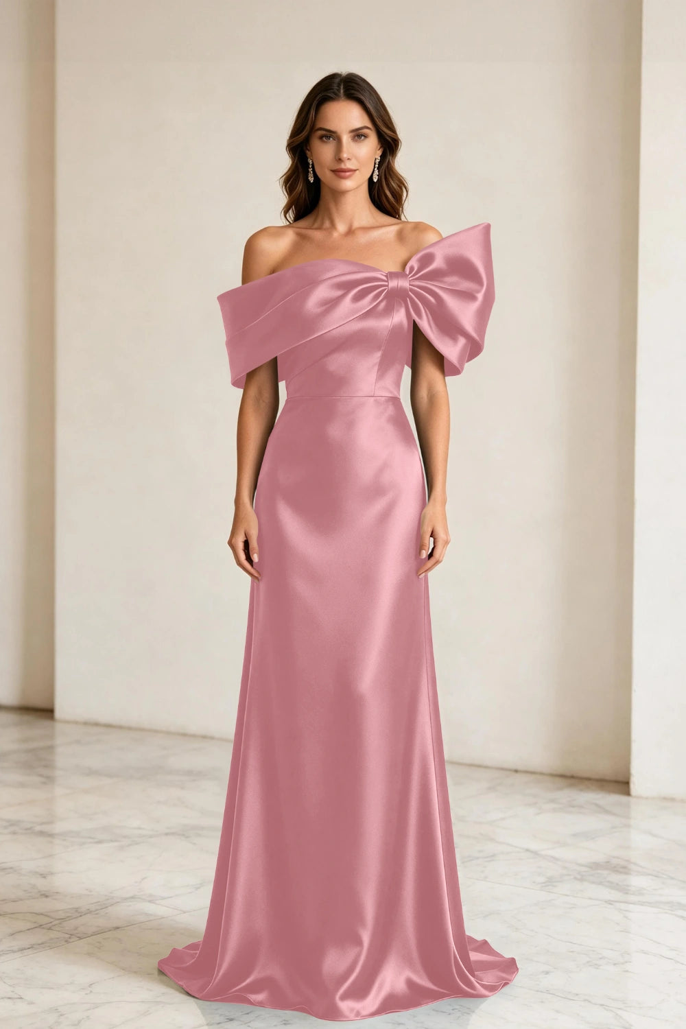 Emerald Bow Off-Shoulder Satin Column Mother of the Bride Gown