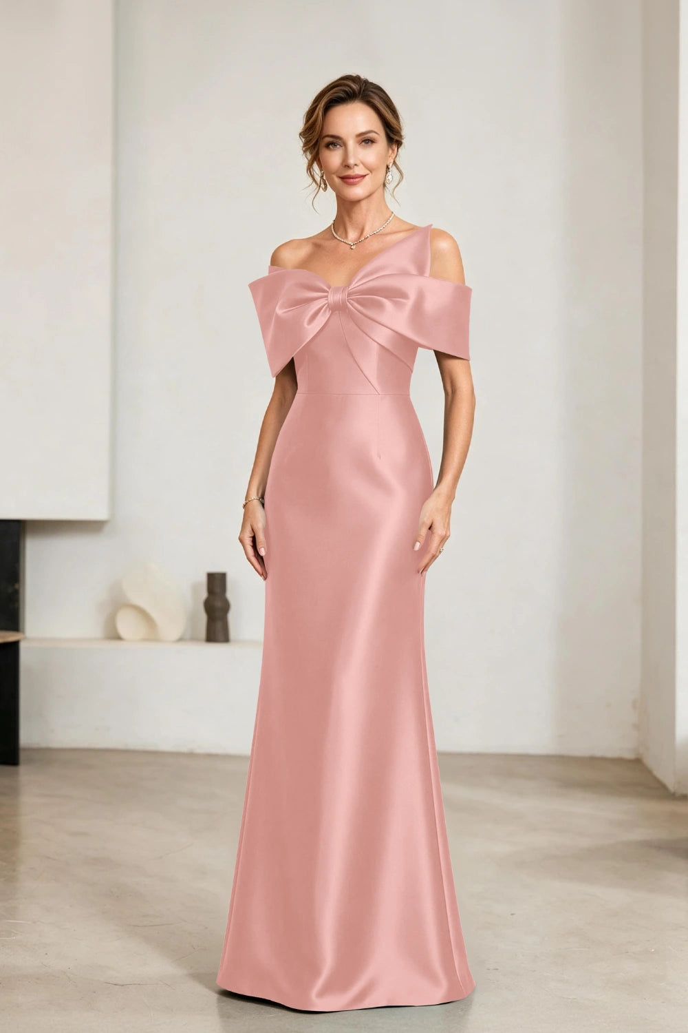 Emerald Bow-Neck Satin Sheath Mother of the Bride Gown