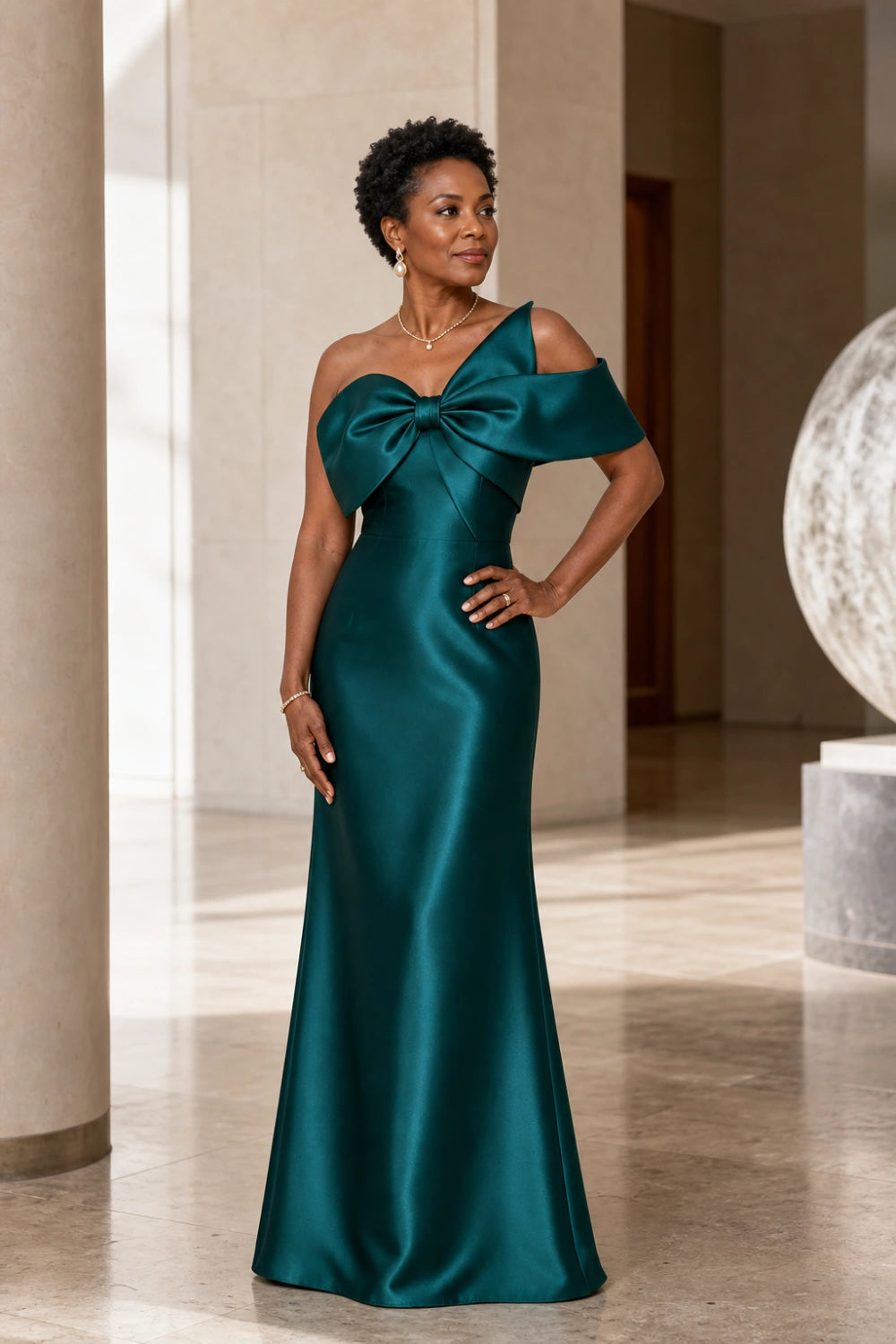 Emerald Bow-Neck Satin Sheath Mother of the Bride Gown