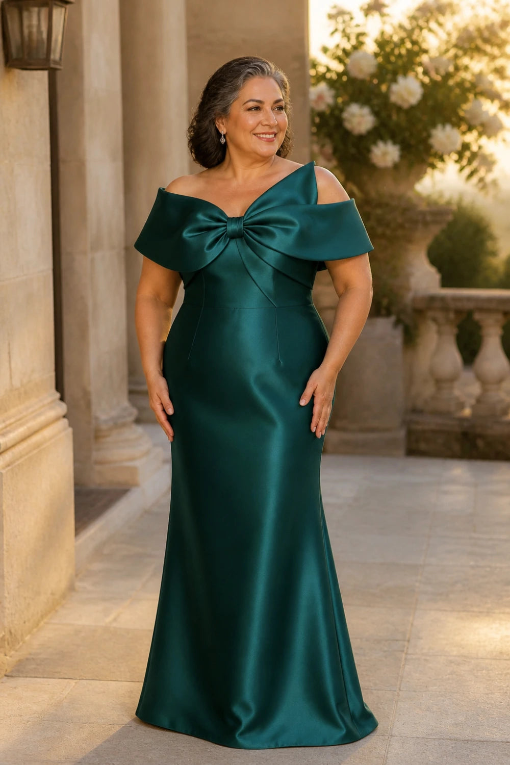 Emerald Bow-Neck Satin Sheath Mother of the Bride Gown