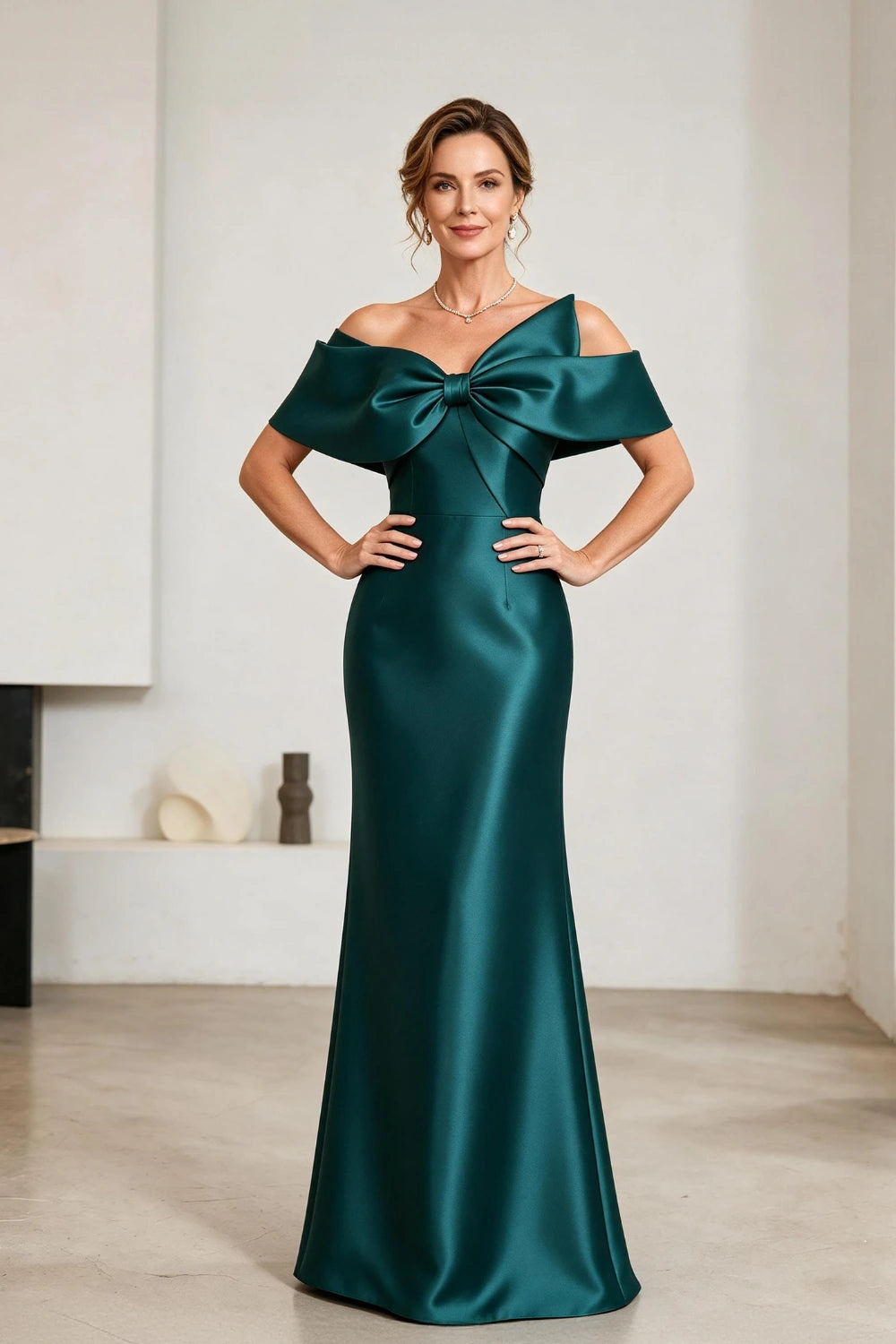 Emerald Bow-Neck Satin Sheath Mother of the Bride Gown