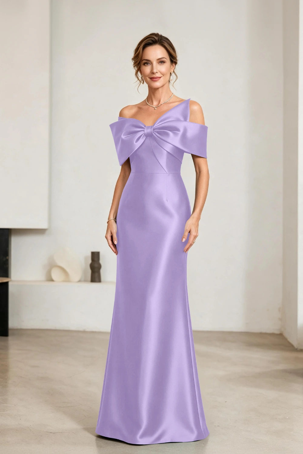 Emerald Bow-Neck Satin Sheath Mother of the Bride Gown