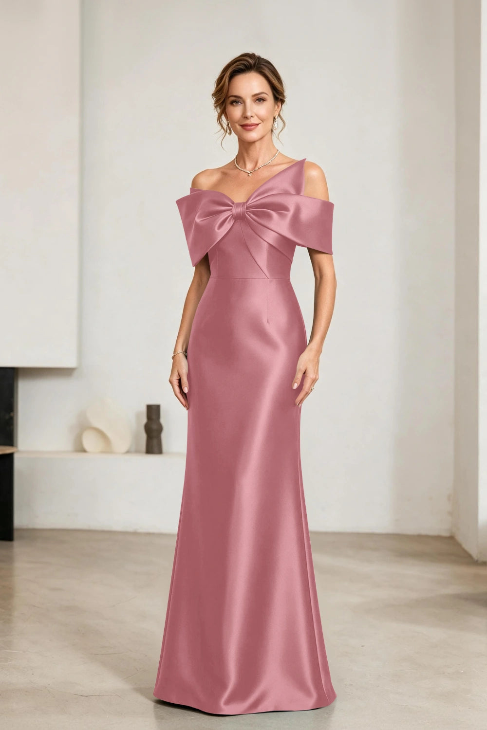 Emerald Bow-Neck Satin Sheath Mother of the Bride Gown