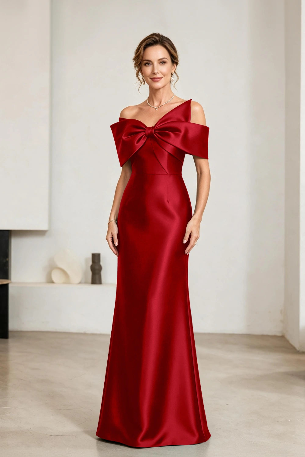 Emerald Bow-Neck Satin Sheath Mother of the Bride Gown
