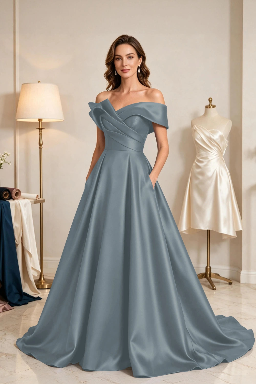 Royal Blue Sculptural Satin A-Line Mother of the Bride Ball Gown