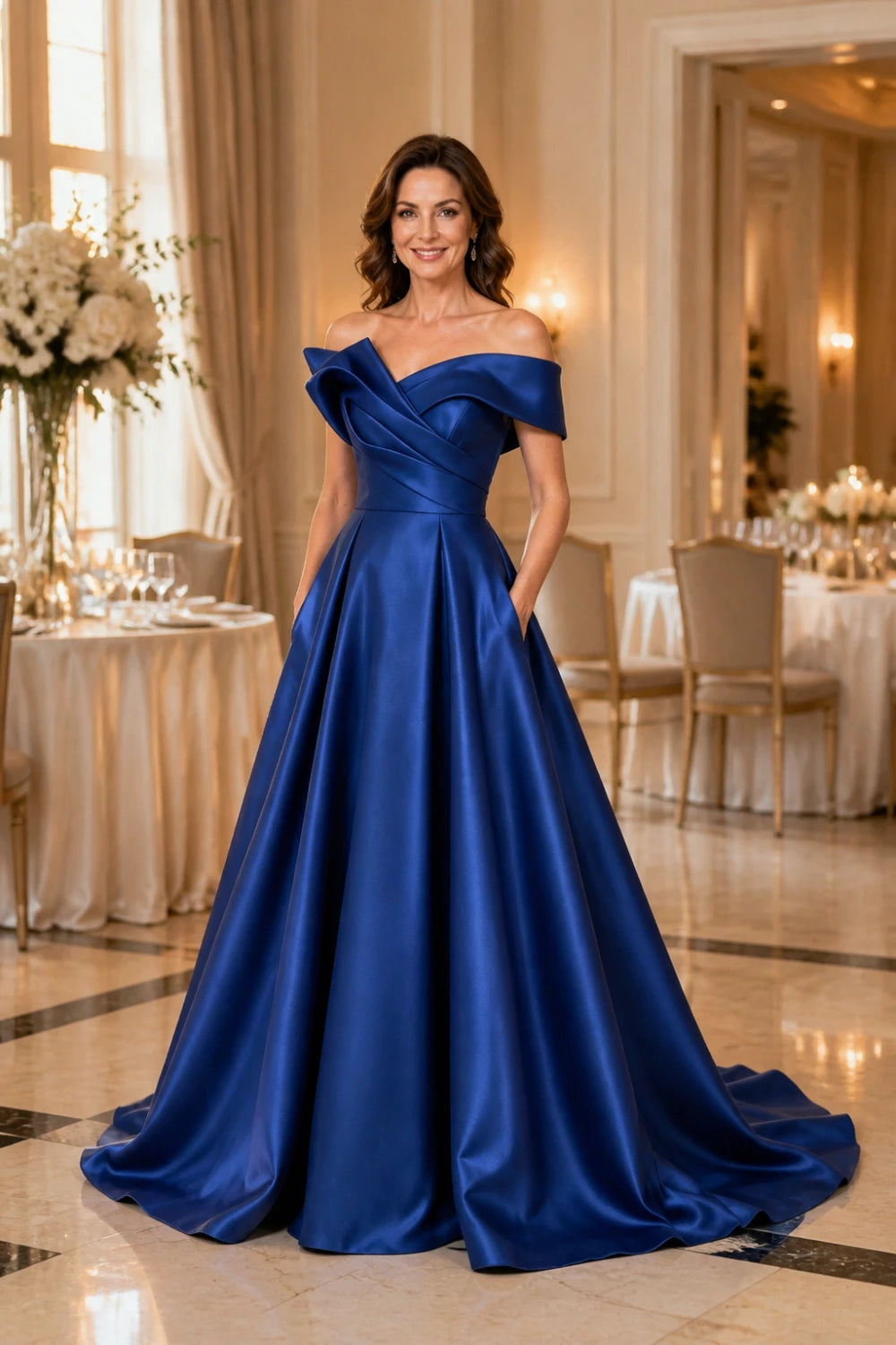 Royal Blue Sculptural Satin A-Line Mother of the Bride Ball Gown