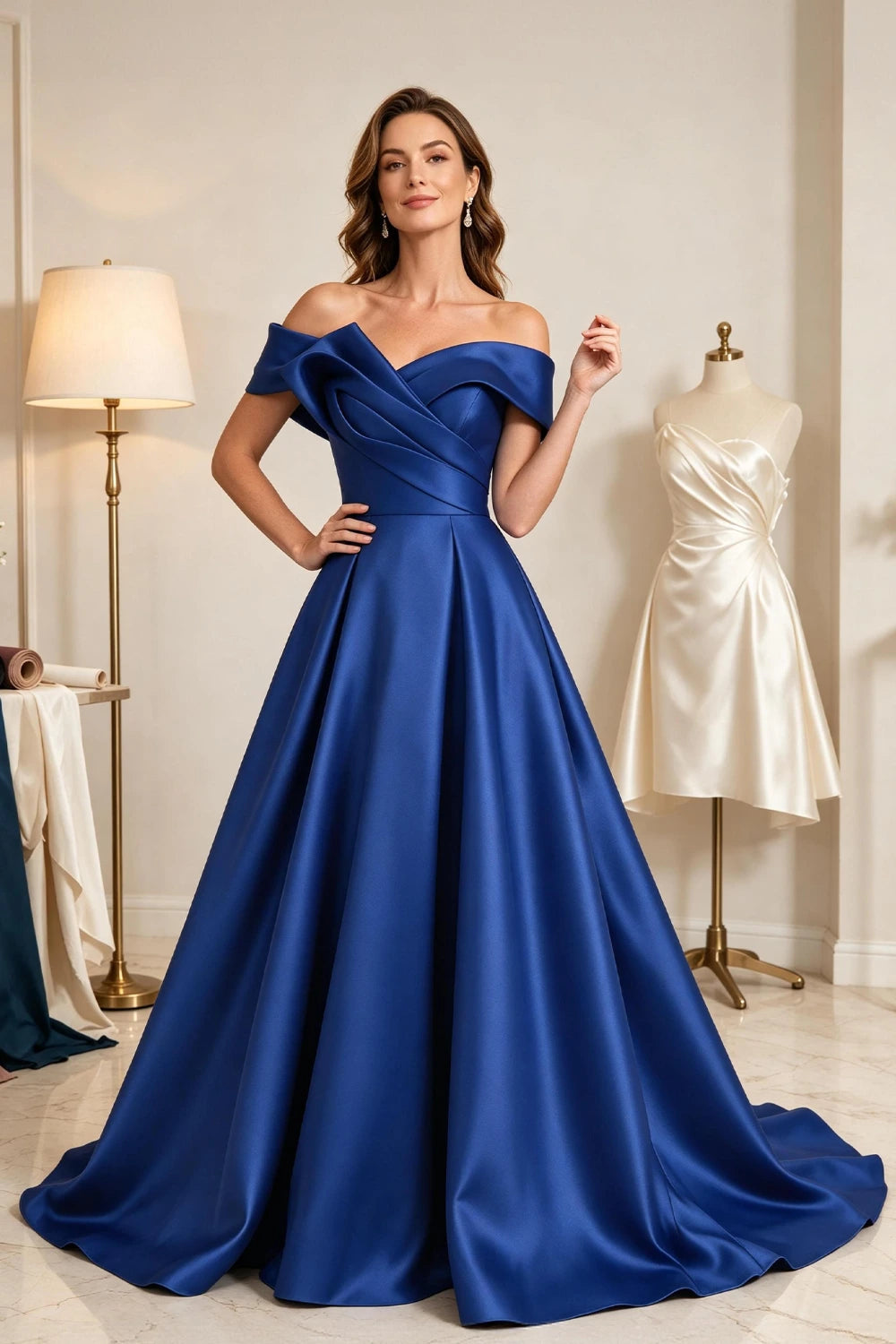 Royal Blue Sculptural Satin A-Line Mother of the Bride Ball Gown