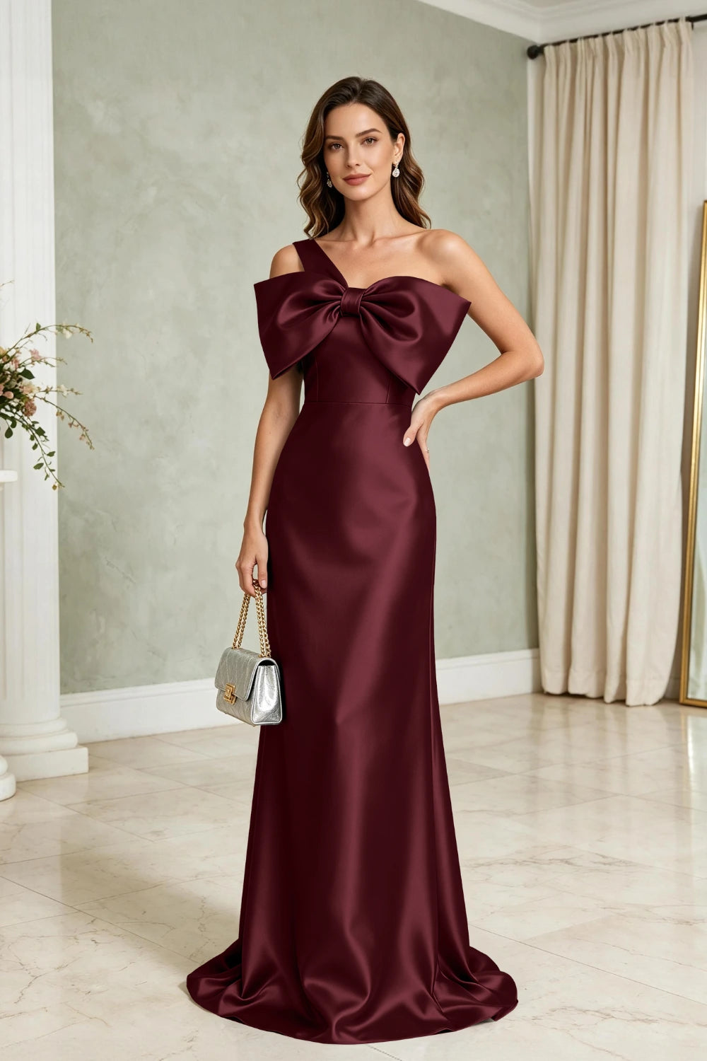 Silver Bow One-Shoulder Satin Column Mother of the Bride Gown