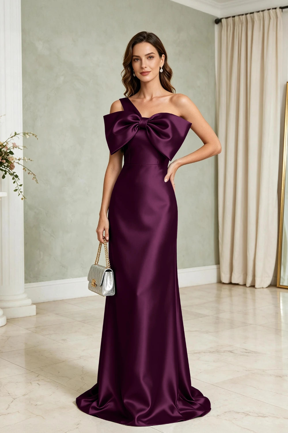 Silver Bow One-Shoulder Satin Column Mother of the Bride Gown