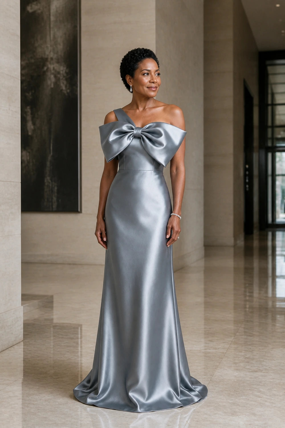 Silver Bow One-Shoulder Satin Column Mother of the Bride Gown