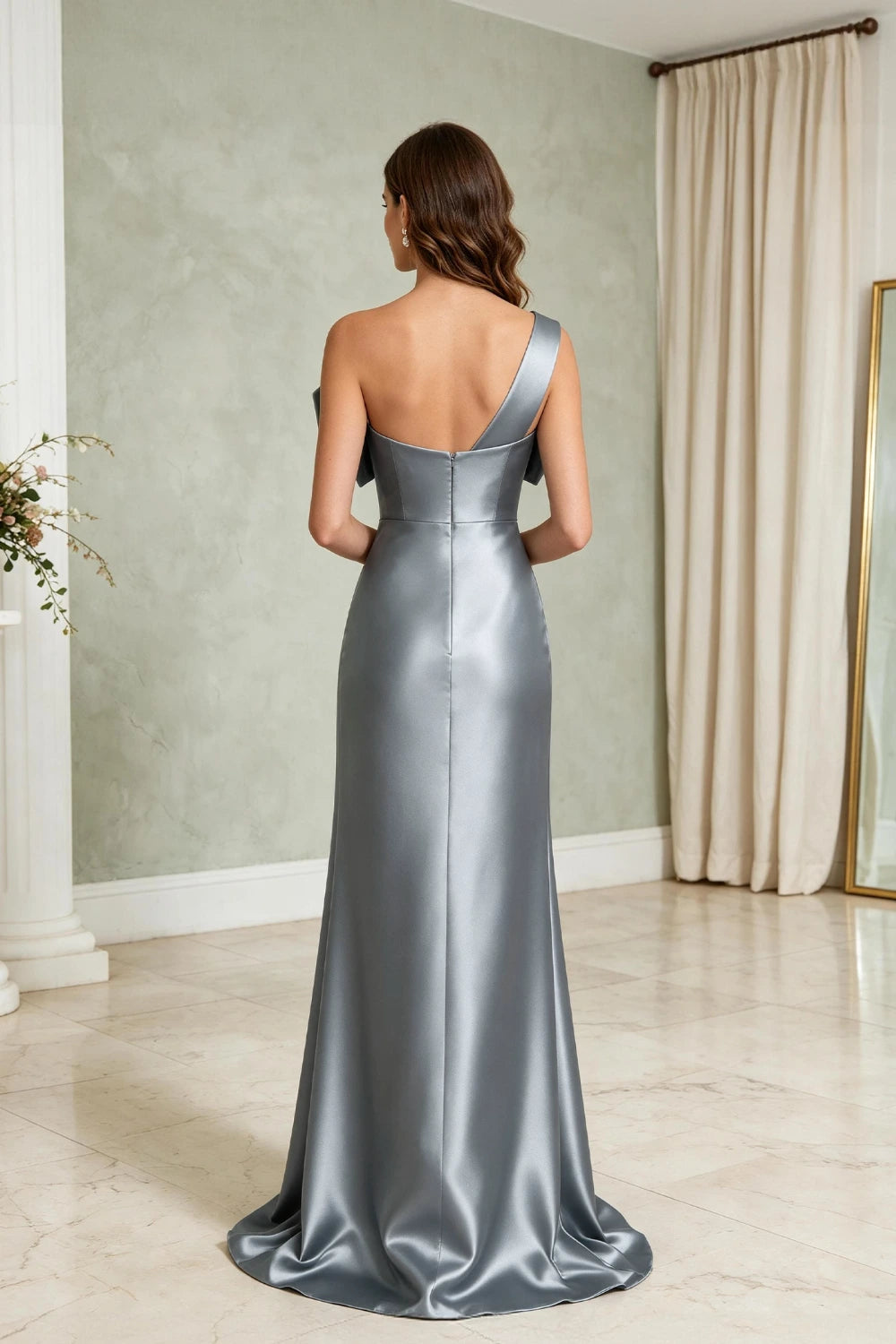 Silver Bow One-Shoulder Satin Column Mother of the Bride Gown