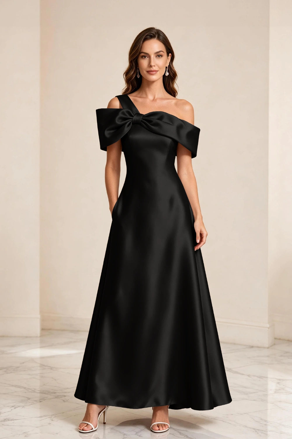 Champagne Bow Off-Shoulder Satin A-Line Mother of the Bride Dress