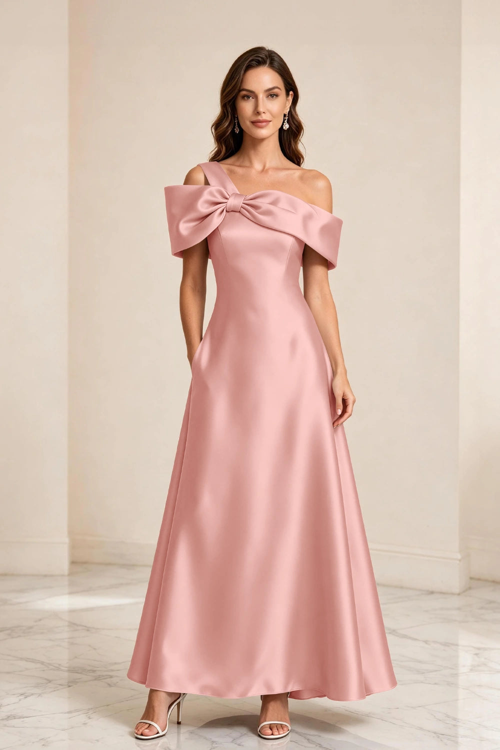 Champagne Bow Off-Shoulder Satin A-Line Mother of the Bride Dress
