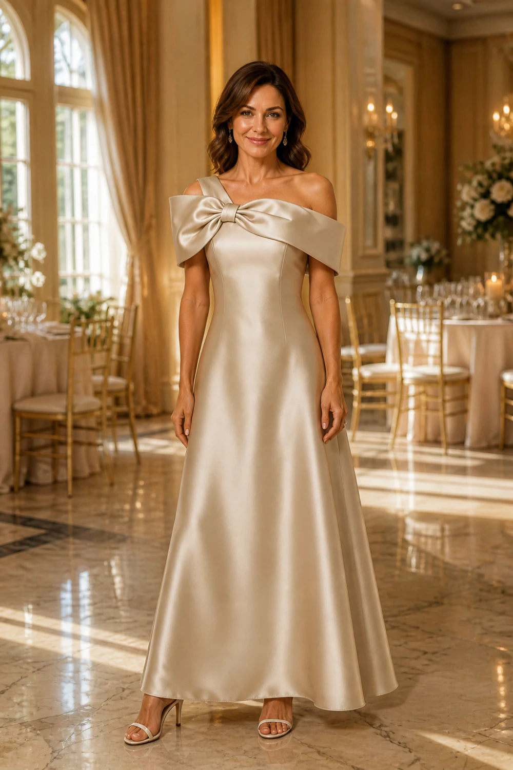 Champagne Bow Off-Shoulder Satin A-Line Mother of the Bride Dress