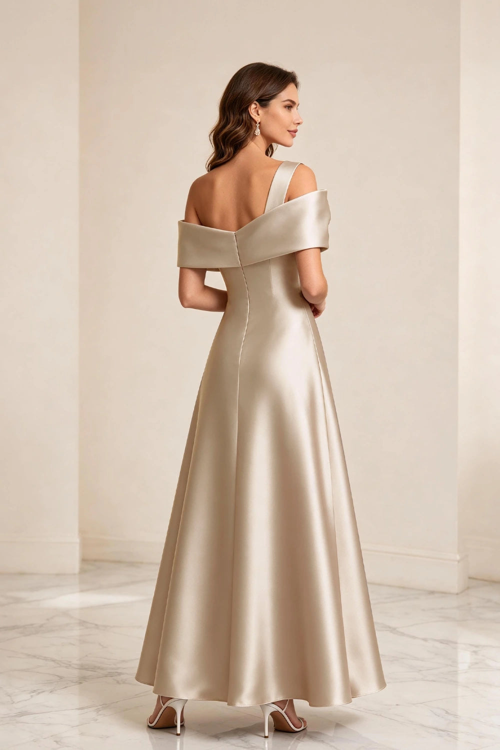 Champagne Bow Off-Shoulder Satin A-Line Mother of the Bride Dress