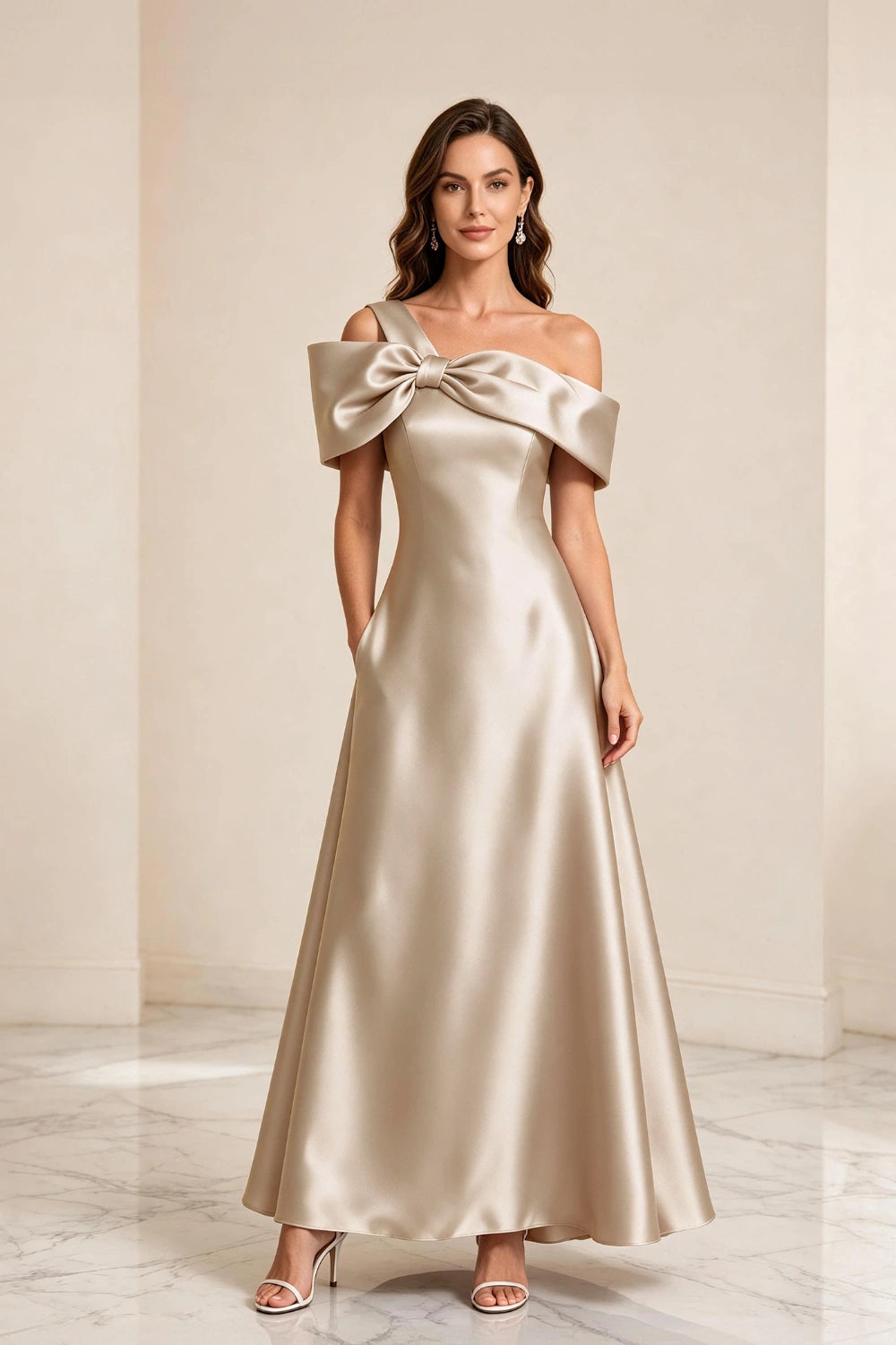 Champagne Bow Off-Shoulder Satin A-Line Mother of the Bride Dress