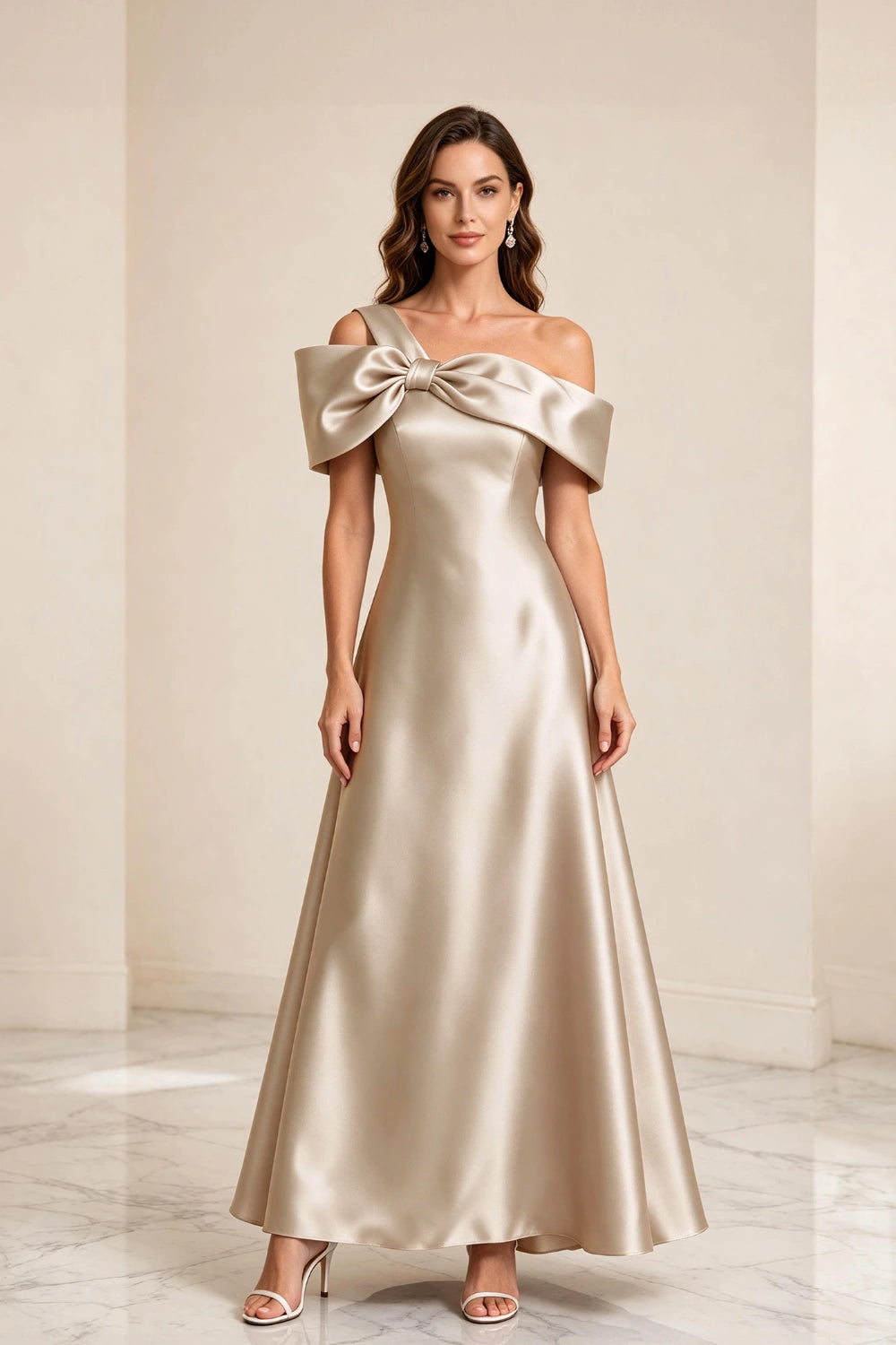 Champagne Bow Off-Shoulder Satin A-Line Mother of the Bride Dress