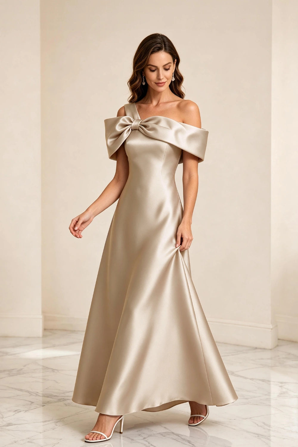Champagne Bow Off-Shoulder Satin A-Line Mother of the Bride Dress