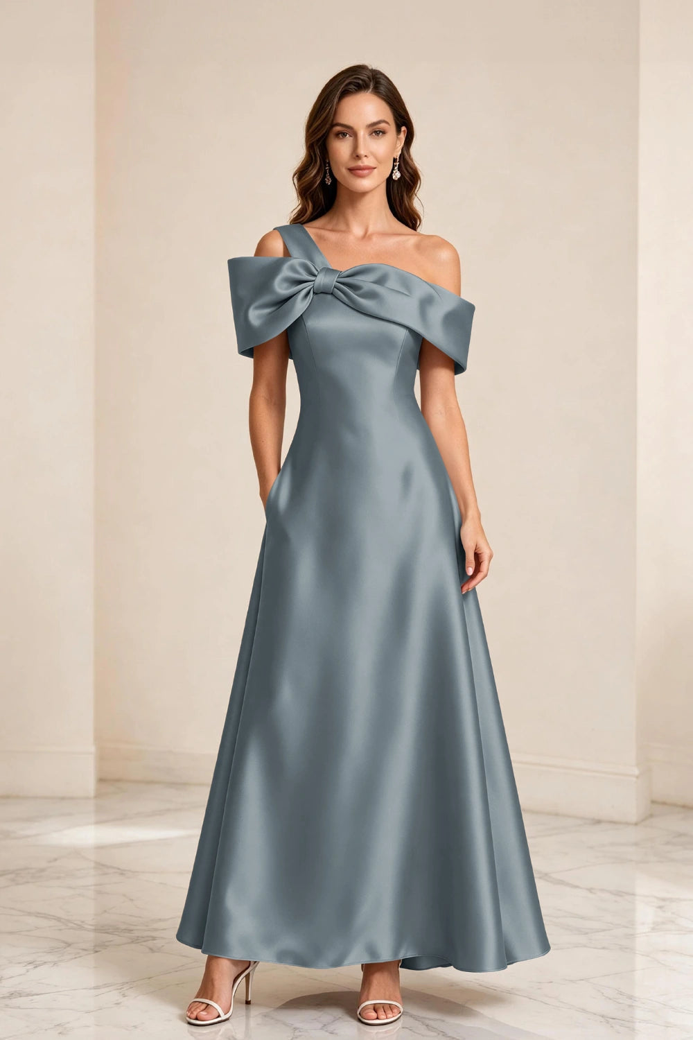 Champagne Bow Off-Shoulder Satin A-Line Mother of the Bride Dress