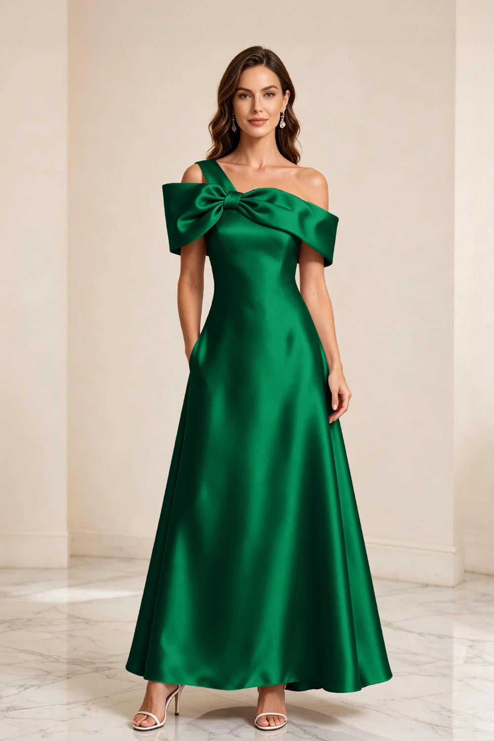 Champagne Bow Off-Shoulder Satin A-Line Mother of the Bride Dress