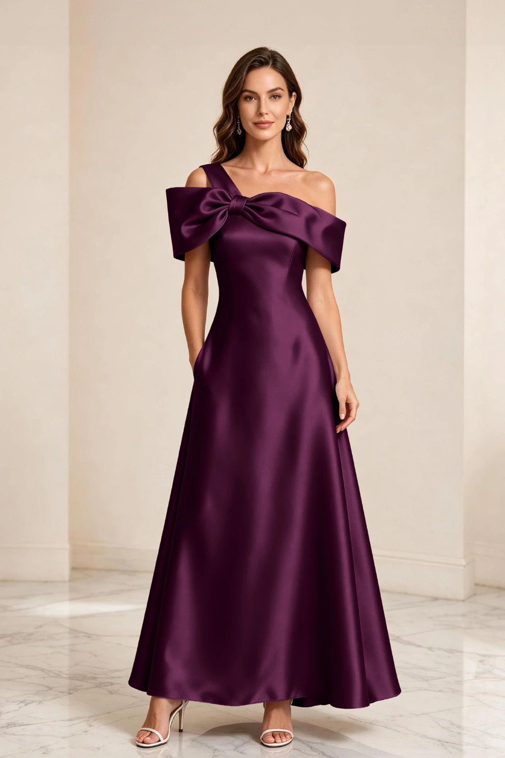 Champagne Bow Off-Shoulder Satin A-Line Mother of the Bride Dress