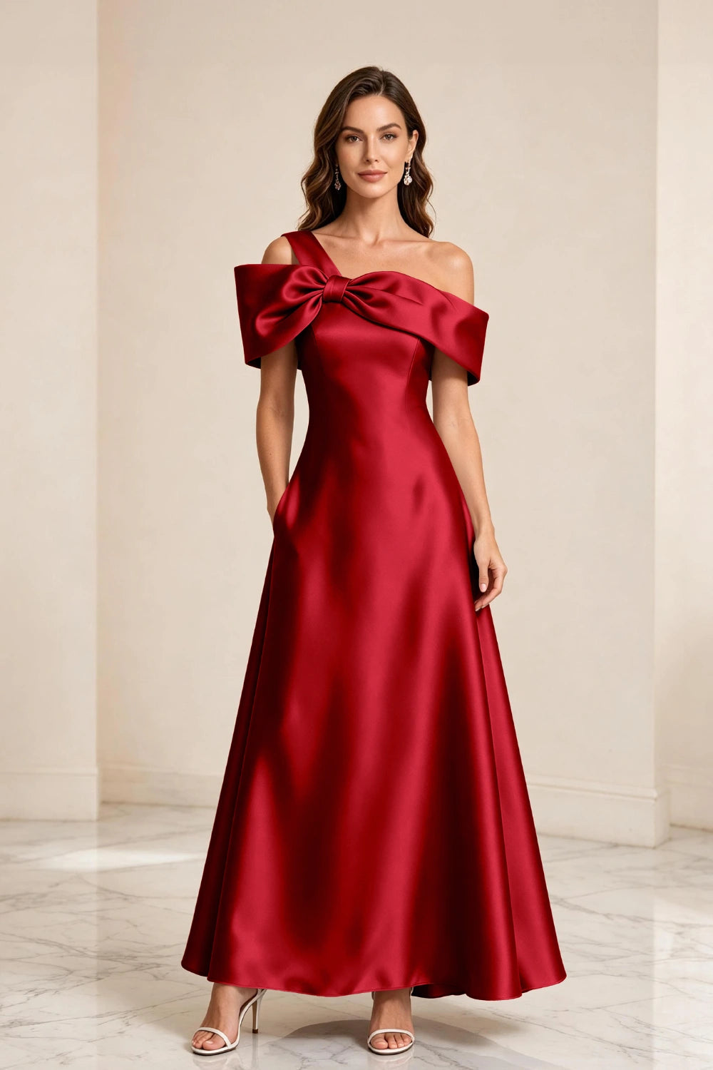 Champagne Bow Off-Shoulder Satin A-Line Mother of the Bride Dress