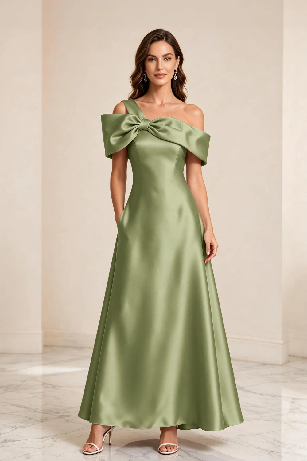 Champagne Bow Off-Shoulder Satin A-Line Mother of the Bride Dress