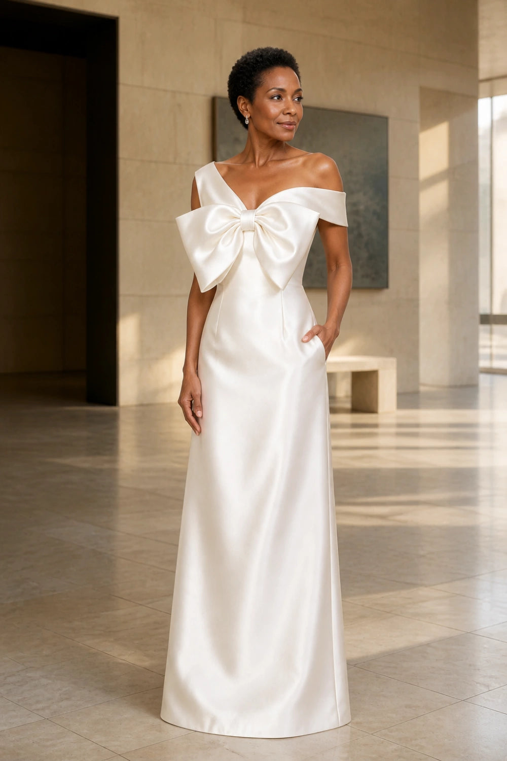 Ivory Oversized Bow Satin Column Mother of the Bride Gown