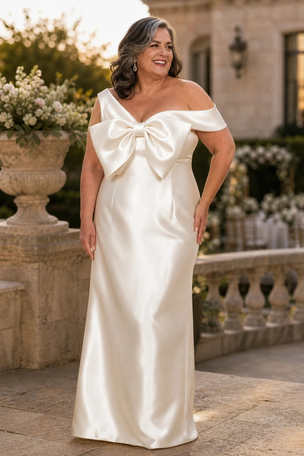 Ivory Oversized Bow Satin Column Mother of the Bride Gown