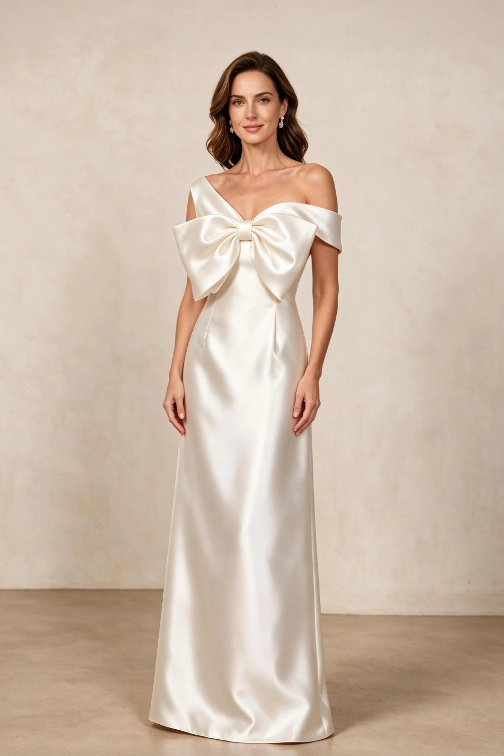 Ivory Oversized Bow Satin Column Mother of the Bride Gown