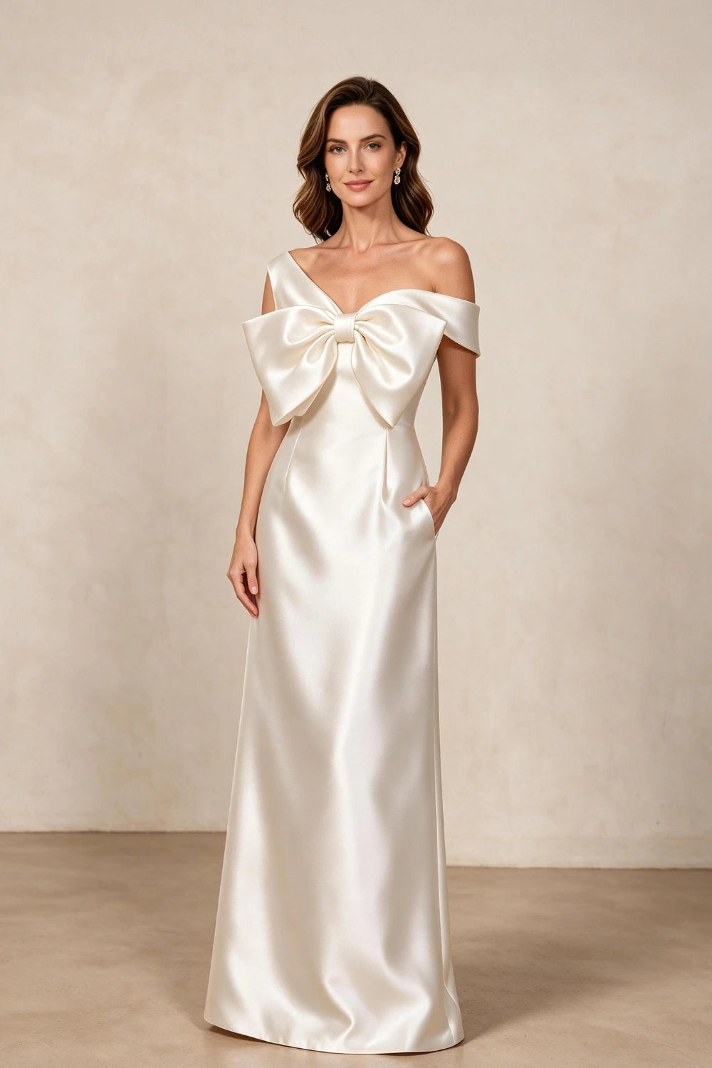 Ivory Oversized Bow Satin Column Mother of the Bride Gown