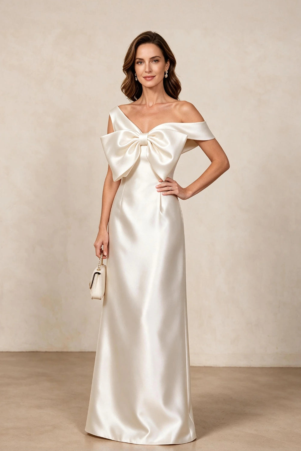 Ivory Oversized Bow Satin Column Mother of the Bride Gown