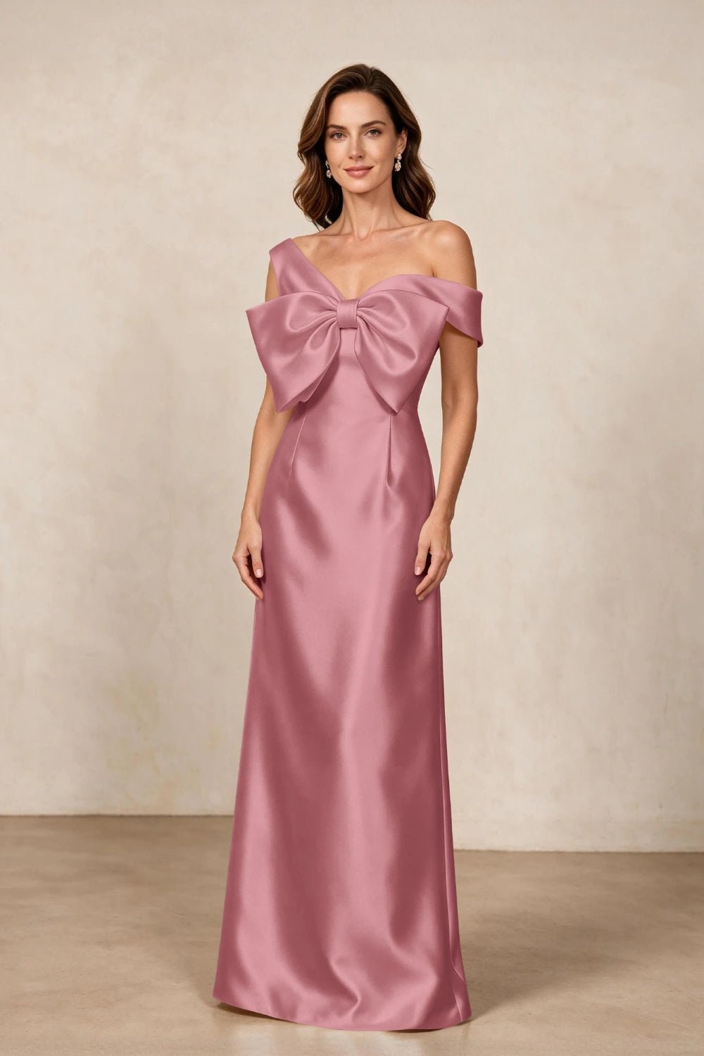 Ivory Oversized Bow Satin Column Mother of the Bride Gown
